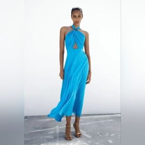 NWT Zara Blue Halter Pleated Midi Dress Size M